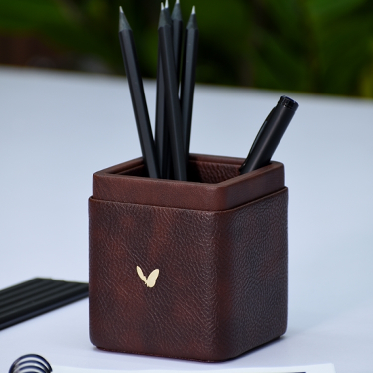 Pen/Pencil Holder | Faux Leather | Square Small | Classic | Brown