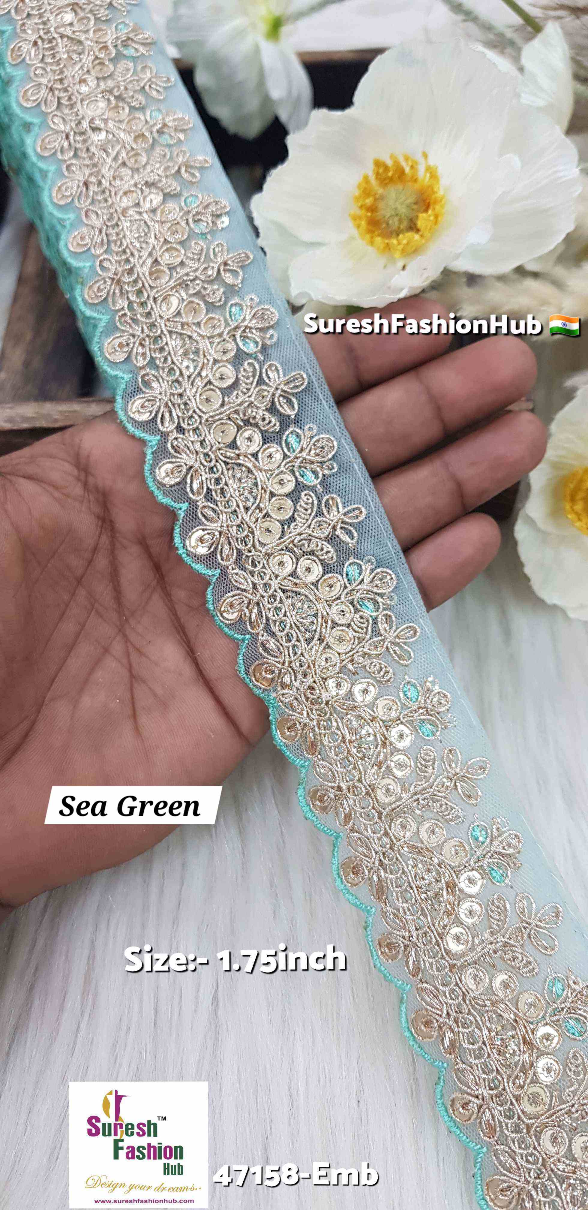 SeaGreen Pearl Embroidery Scalloped Lace
