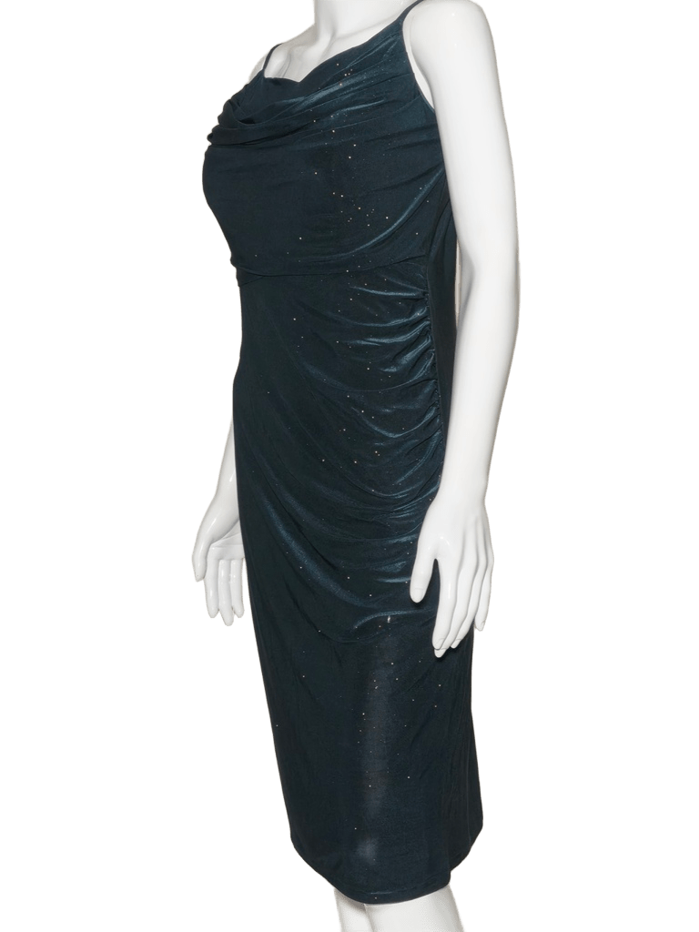 Shakti Fashion Women's Dark Teal Glitter Lycra Ruched Midi Dress