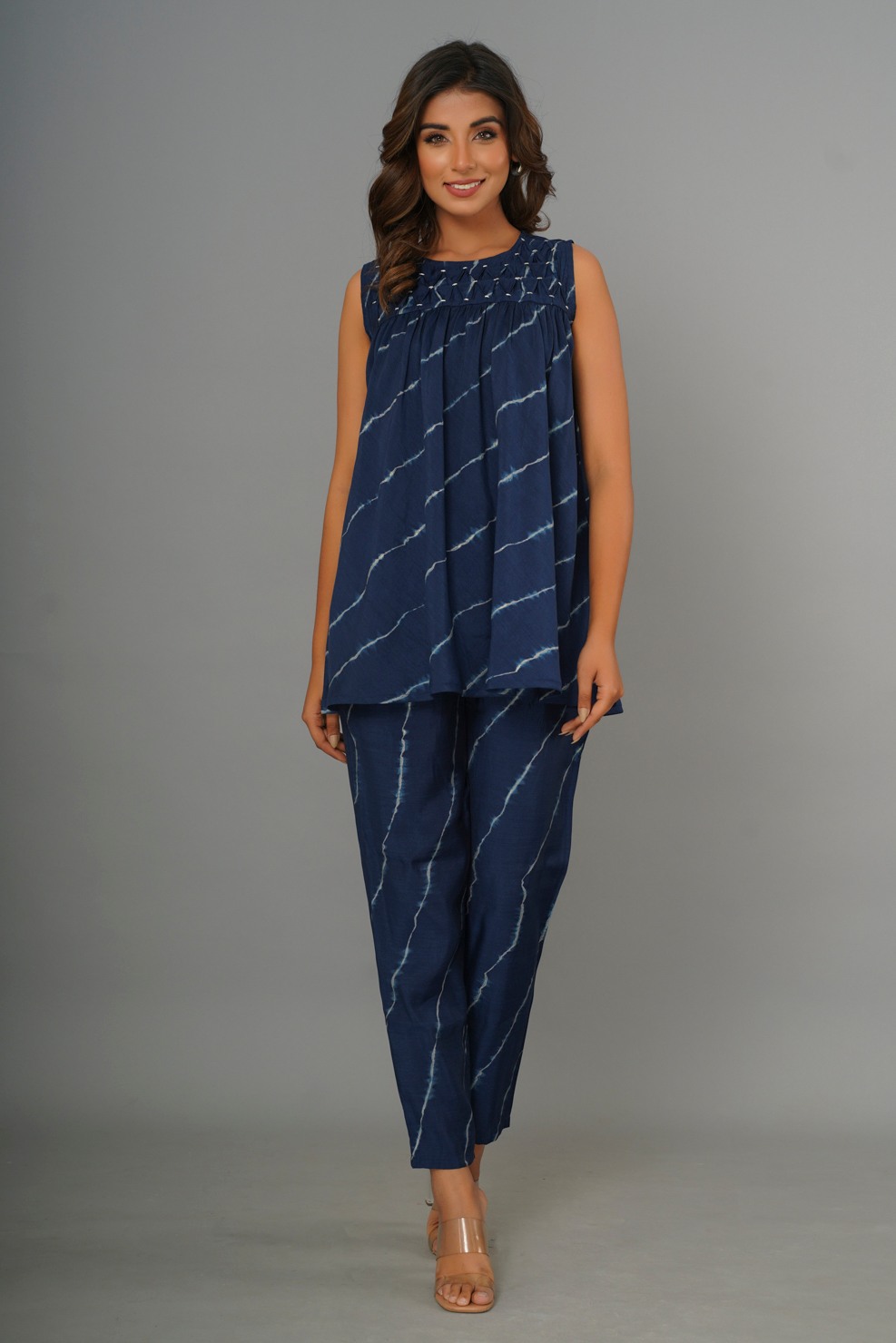 Blue Colored Printed And Gathered Peplum Co-ord Set