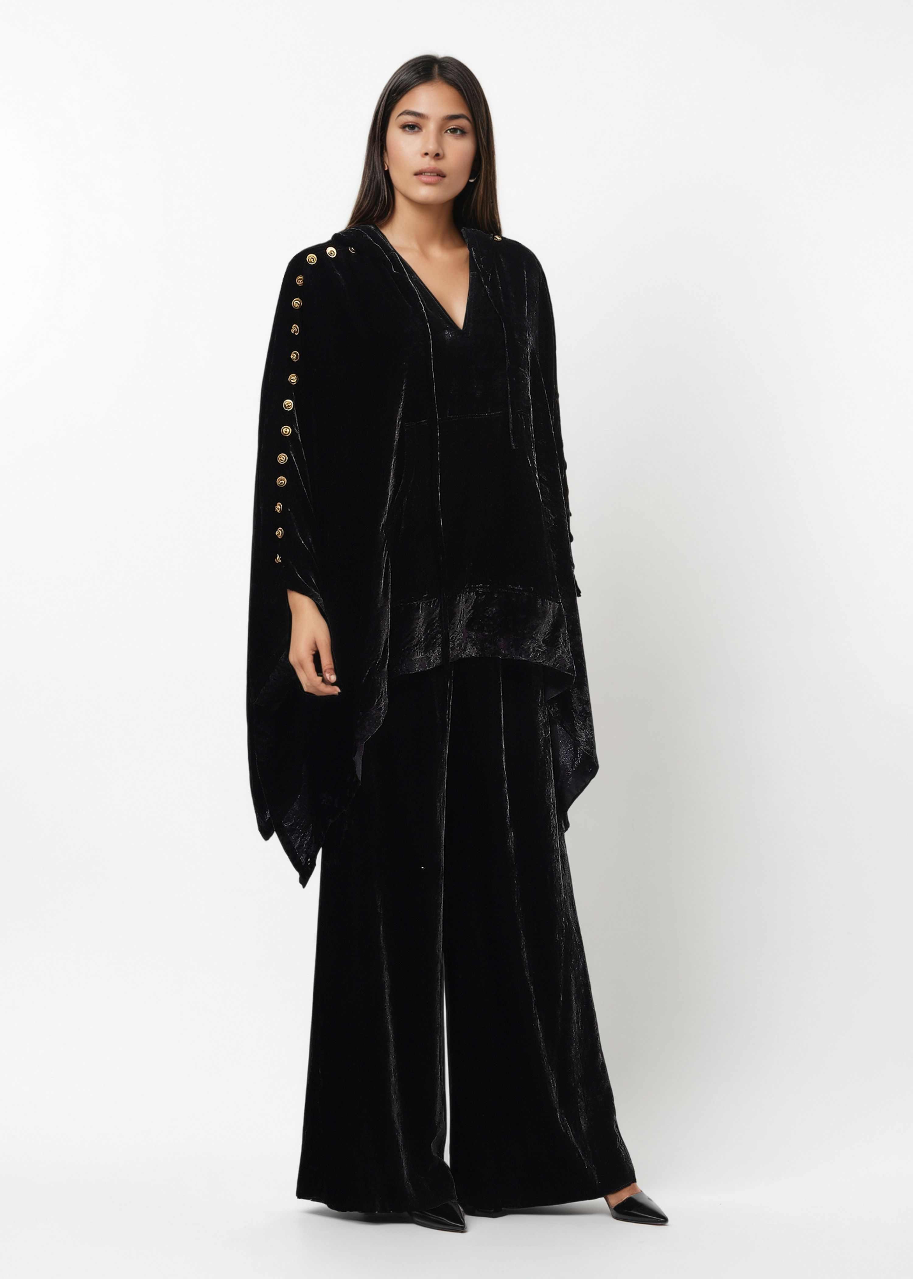AKOK Black Velvet Hooded Top with Trousers Co-ords