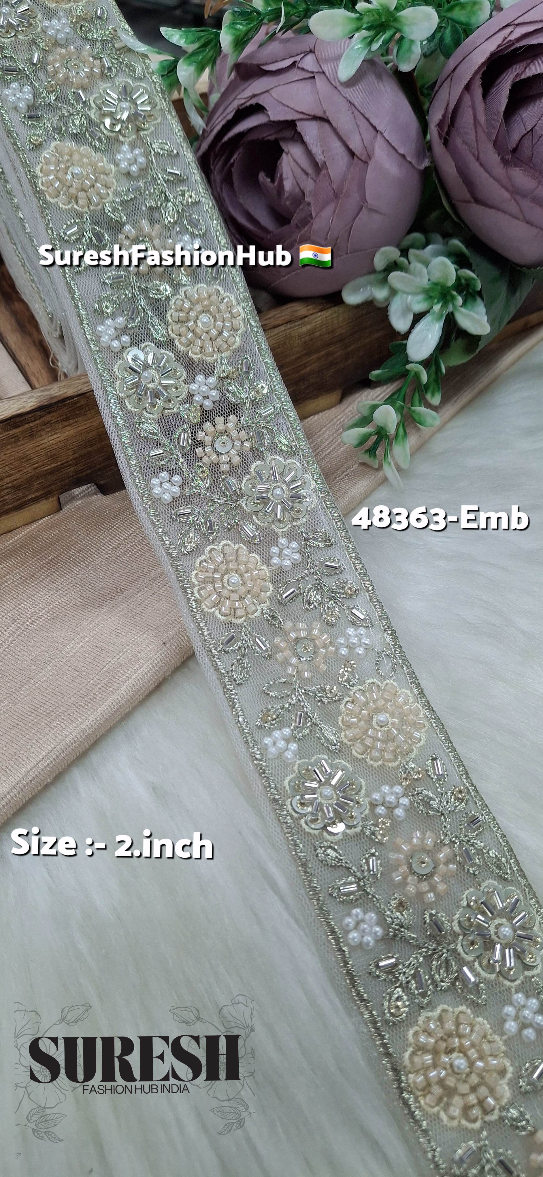 Offwhite Beaded Floral Net Embroidered Lace