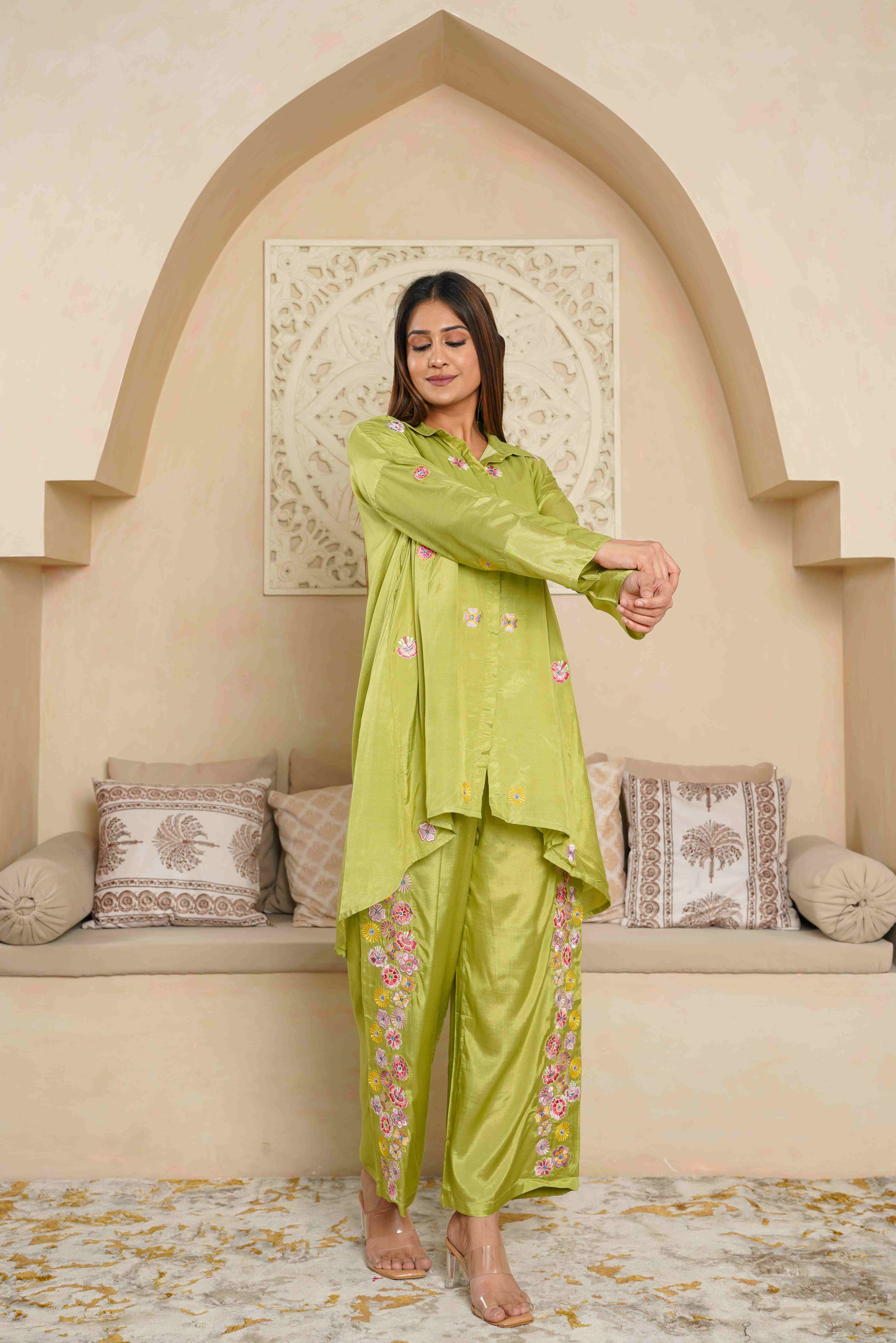 PARROT GREEN EMBROIDERED LOOSE FIT CO-ORD SET