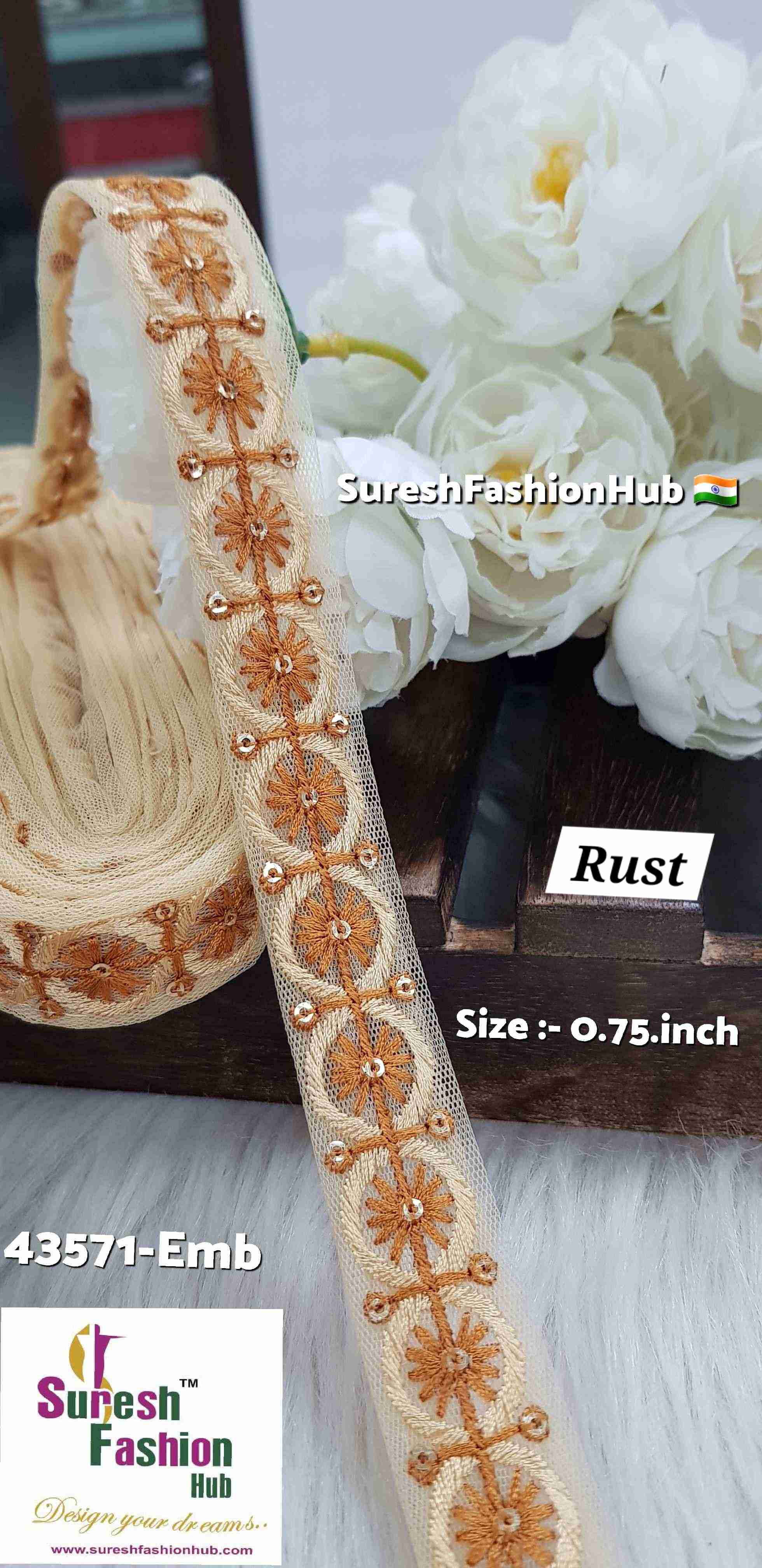 Rust Color Floral Circles Embroidery Lace