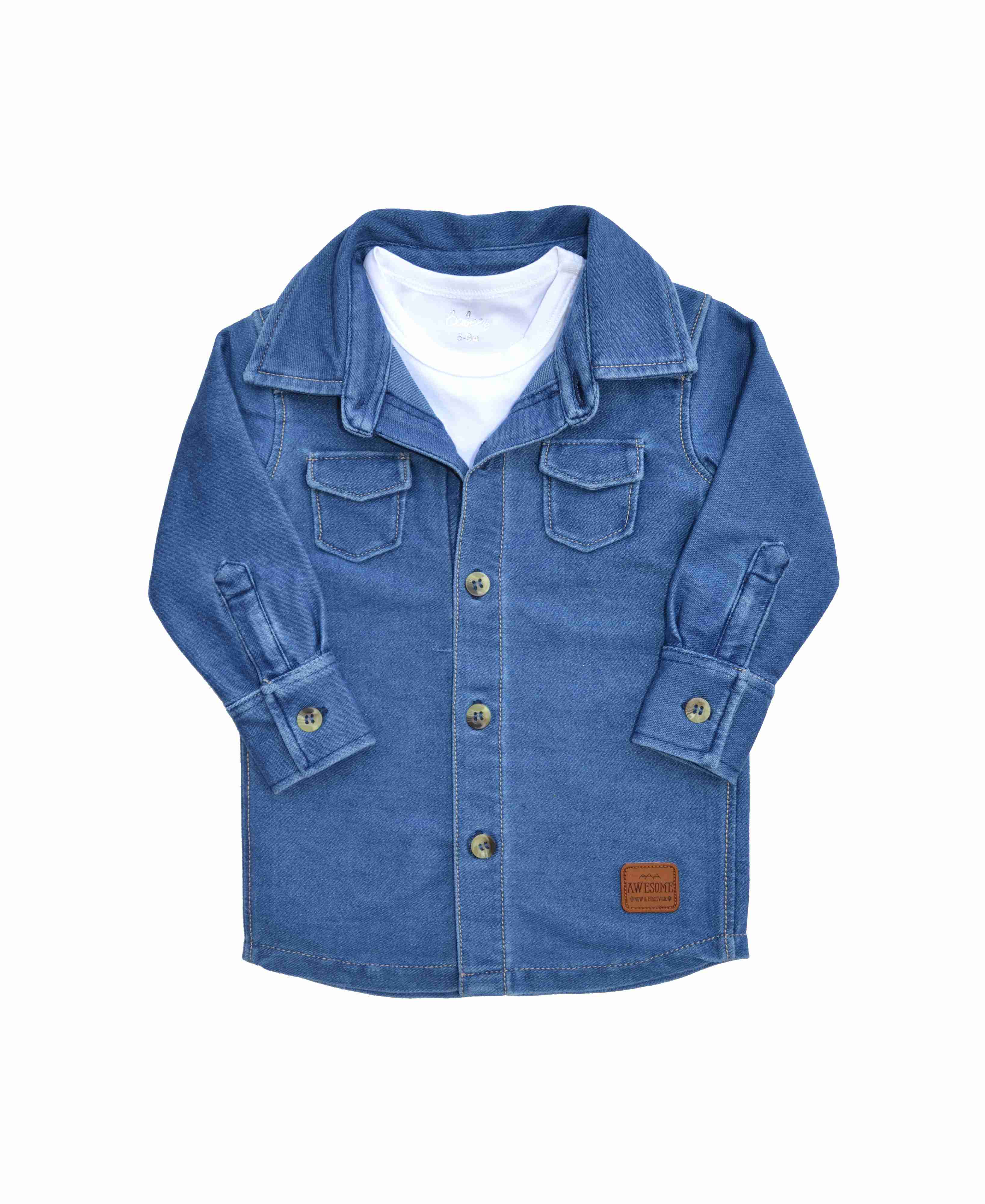 White T-Shirt + Denim Look Shirt Combo Set