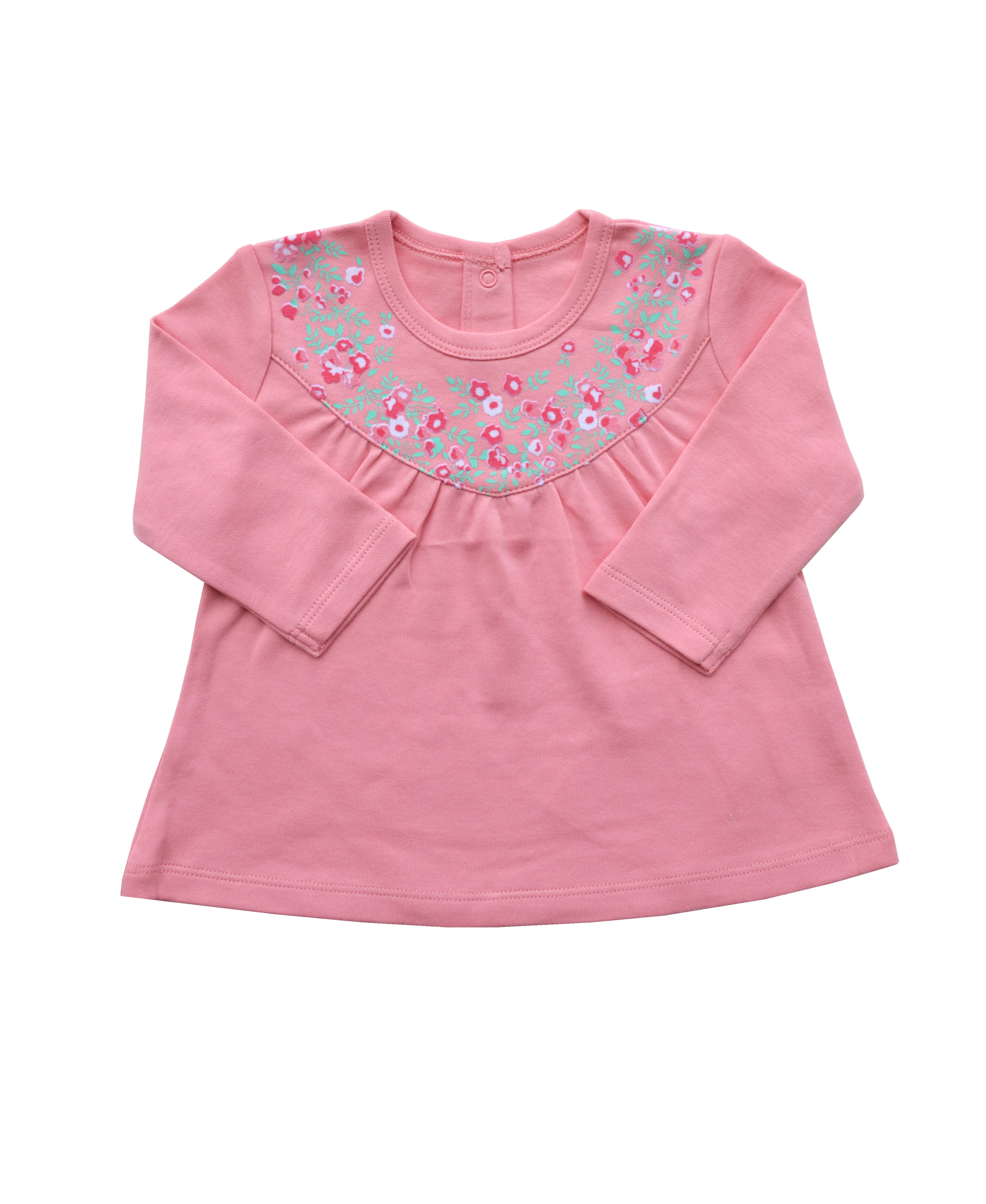 Babeez | Flower Print pannel on neck of Pink Long Sleeves Top (100% Cotton Interlock Biowash) undefined