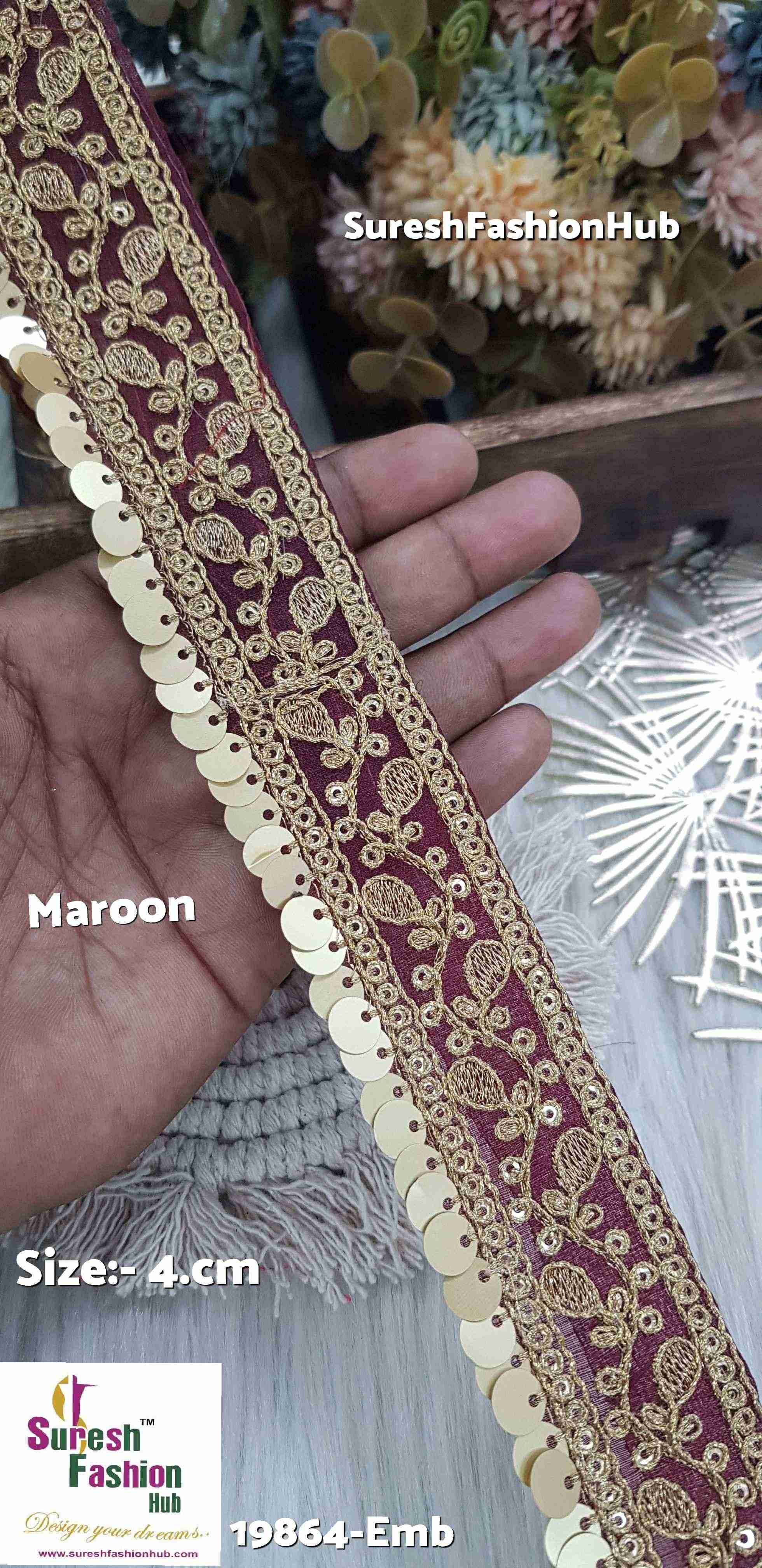 Maroon  Color Floral Organza Embroidered Lace Roll