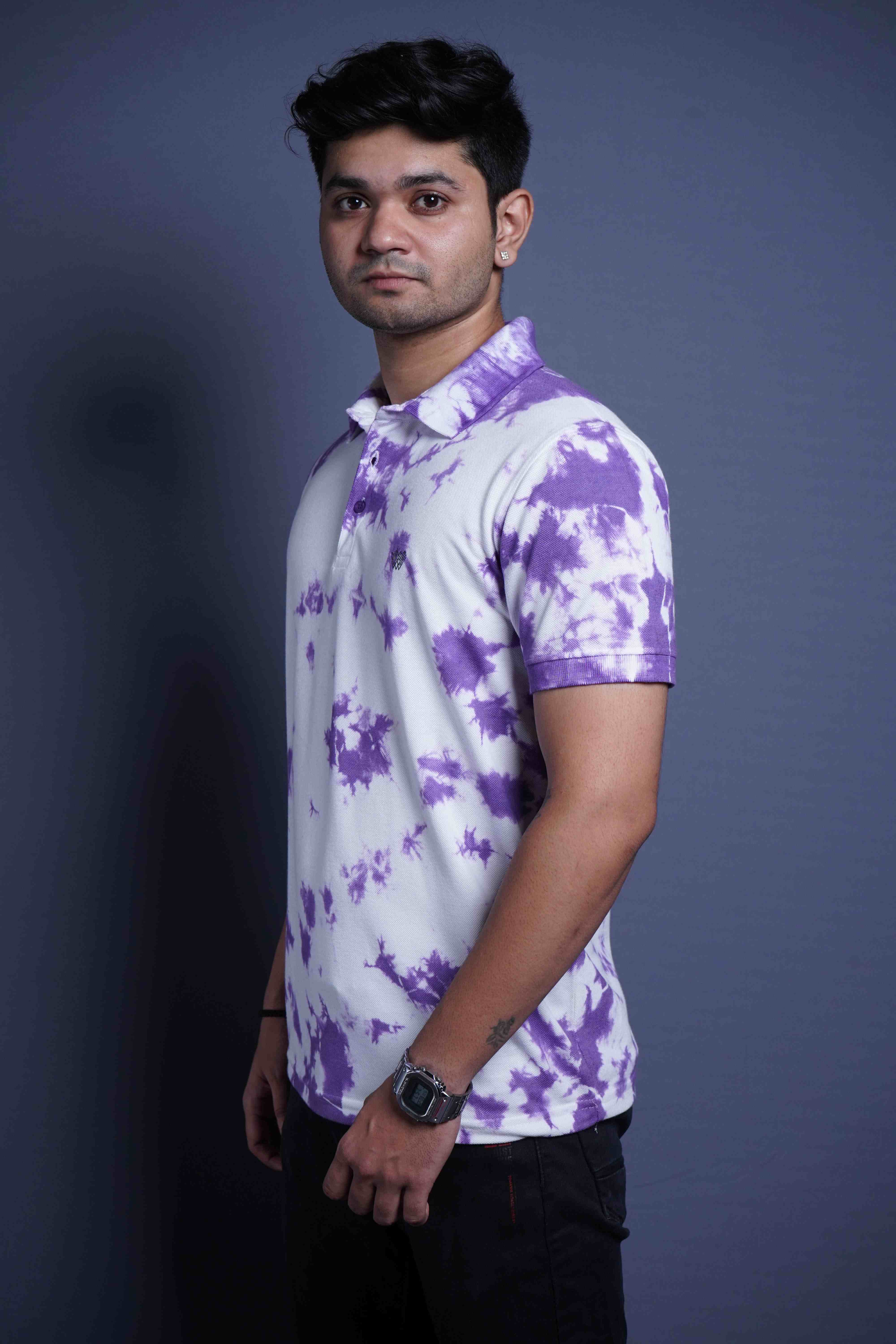 Only White Contrast Light White and Purple Polo Neck Cotton T-Shirt
