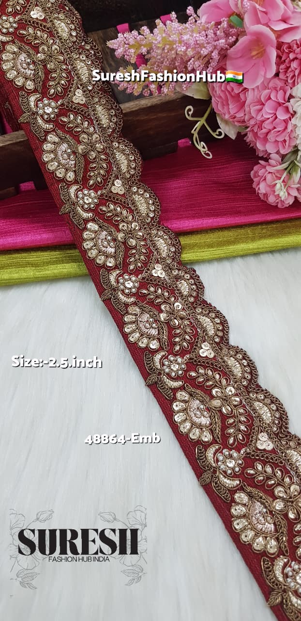 Maroon Matt Zari Floral Cutwork Lace – 48864-EMB