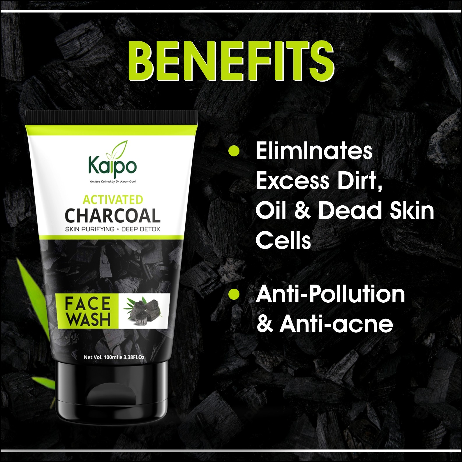 Kaipo Activated Charcoal Face Wash - Helps in Skin Purifying and Deep Detox - Eliminates Excess Dirt, Oil & Dead Skin Cells : Anti-Pollution & Anti Acne Face Wash : 100ml : Pack of 1