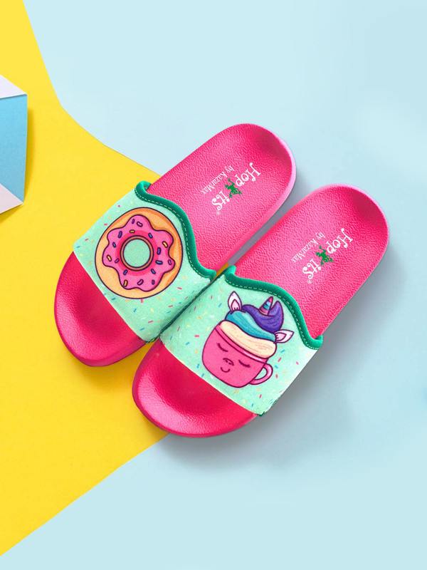 KazarMax Hopits Kids Girls Sea Green Cupcake/Donut Print Flip Flop/Soft, Comfortable, Indoor & Outdoor Slippers