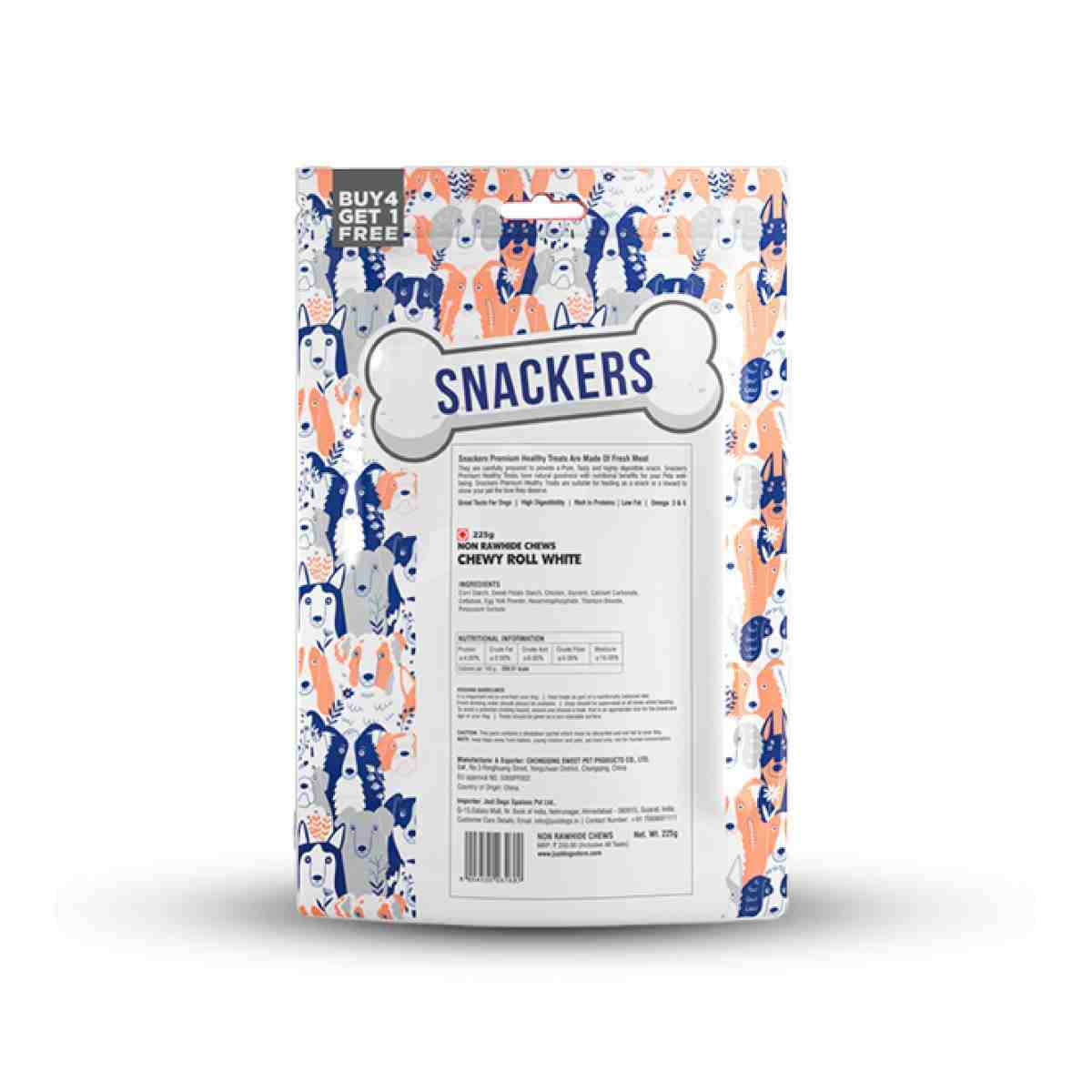 Snackers Non Rawhide Chews Chewy Roll White for Dogs, 225 g