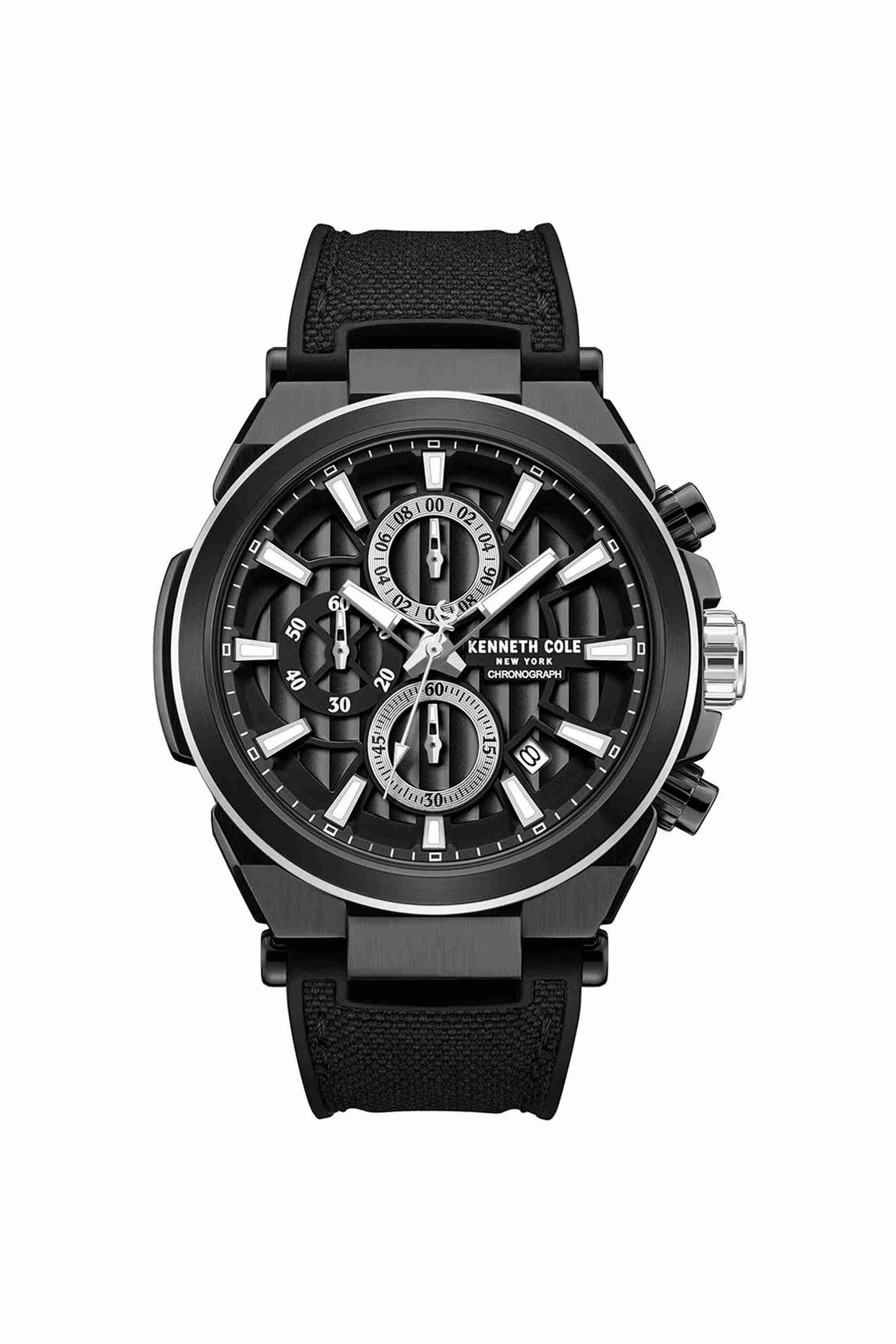 42 mm Quartz Chronograph Watch for Men - Black Dial with Black Silicone Strap (KCWGO0065701MN)