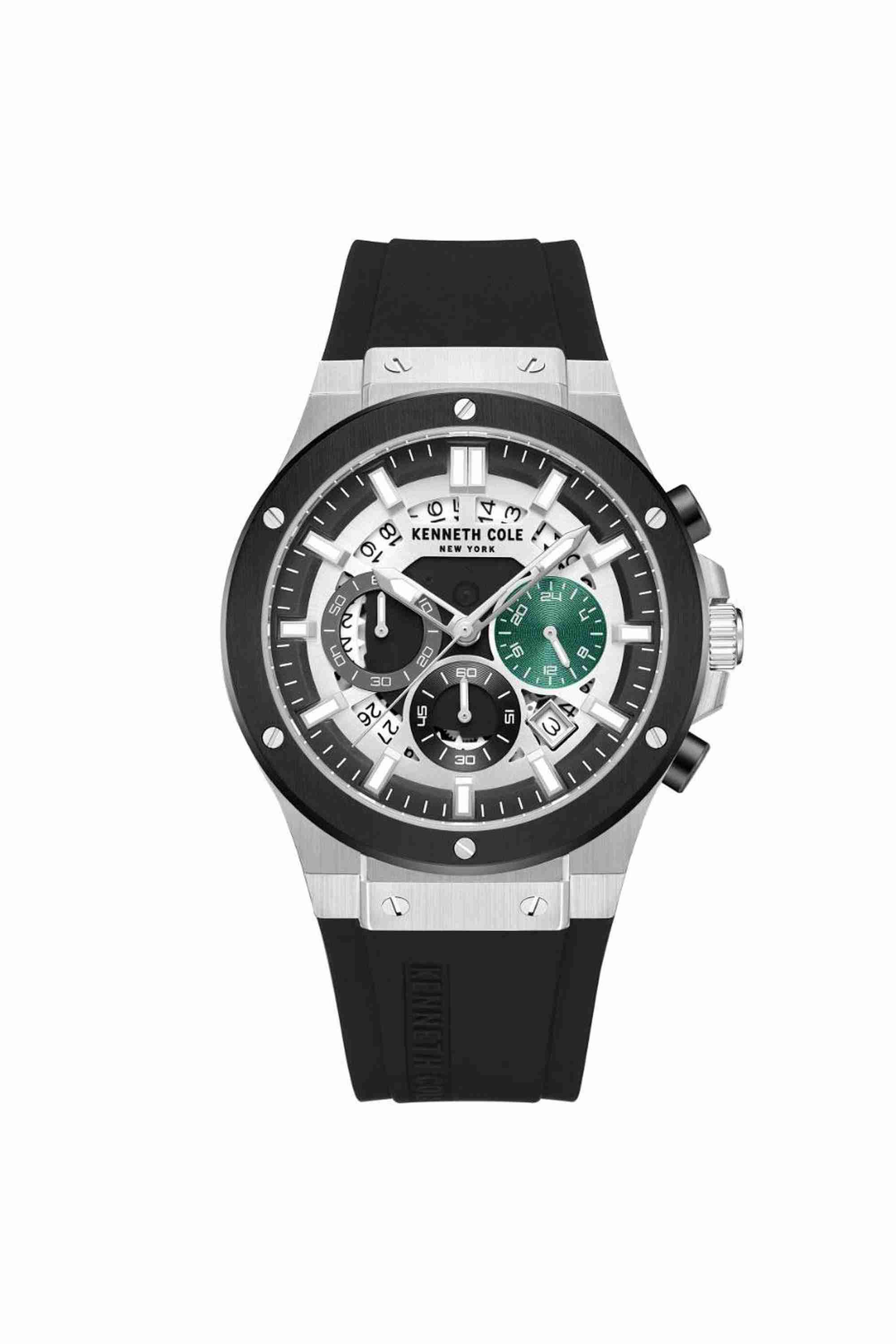 New York 44 mm Quartz Chronograph Watch for Men - Black Dial with Black Silicone Strap (KCWGO0035501MN)