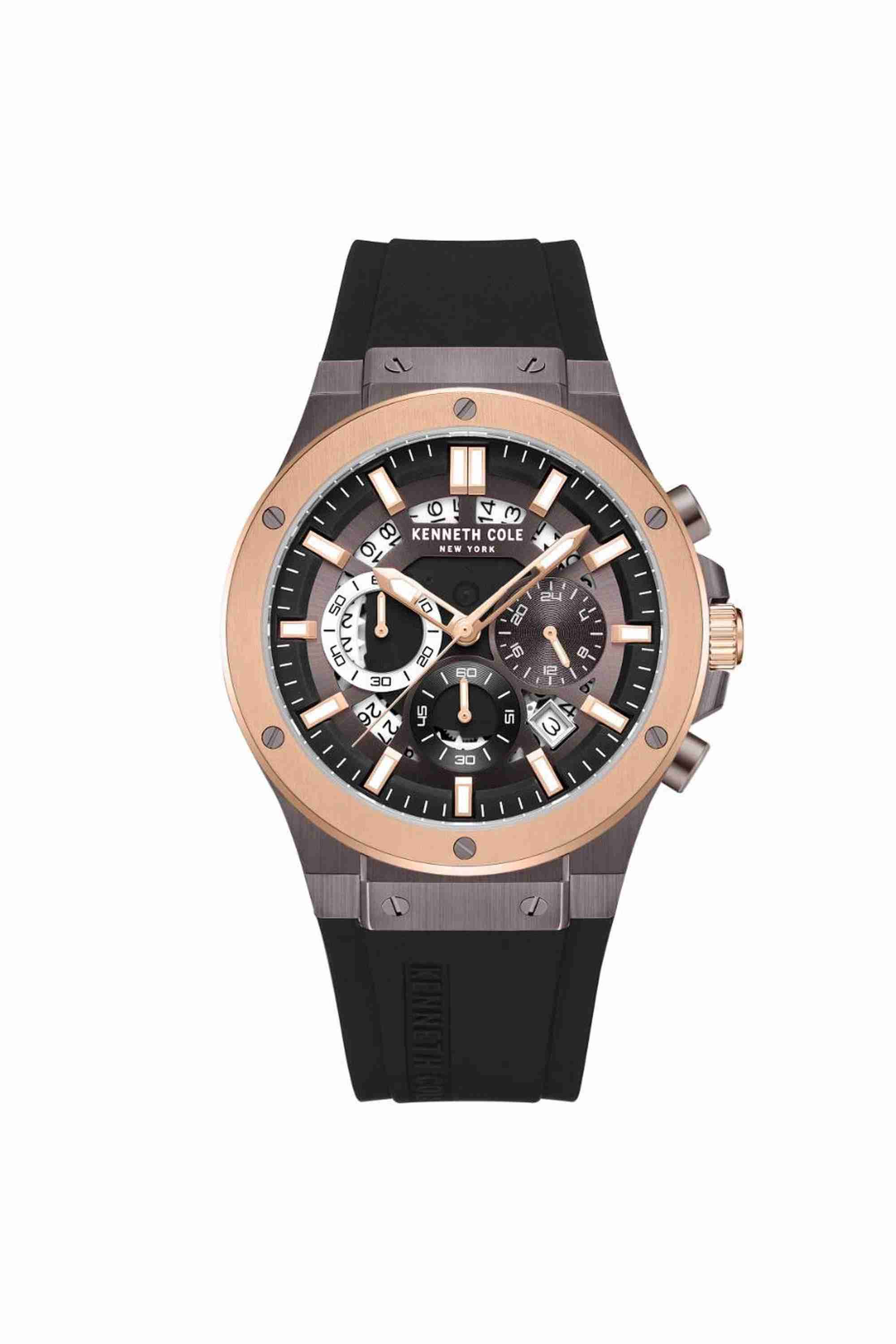 New York 44 mm Quartz Chronograph Watch for Men - Brown Dial with Black Silicone Strap (KCWGO0035503MN)