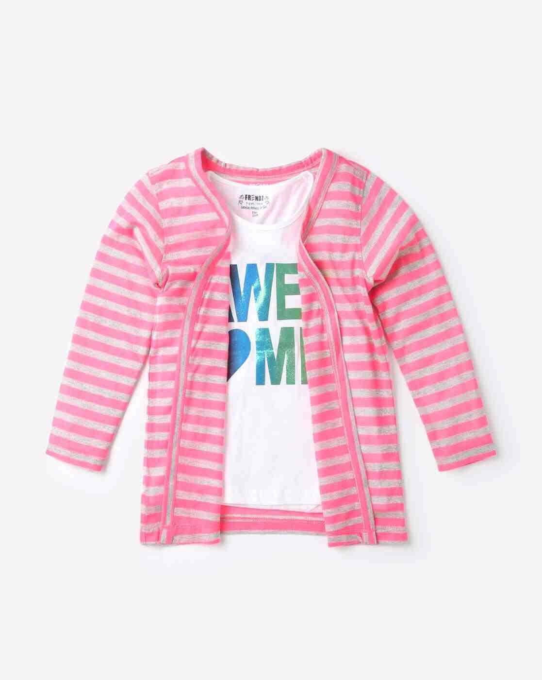 KG FRENDZ | Round-Neck Top with Striped Shrug|0