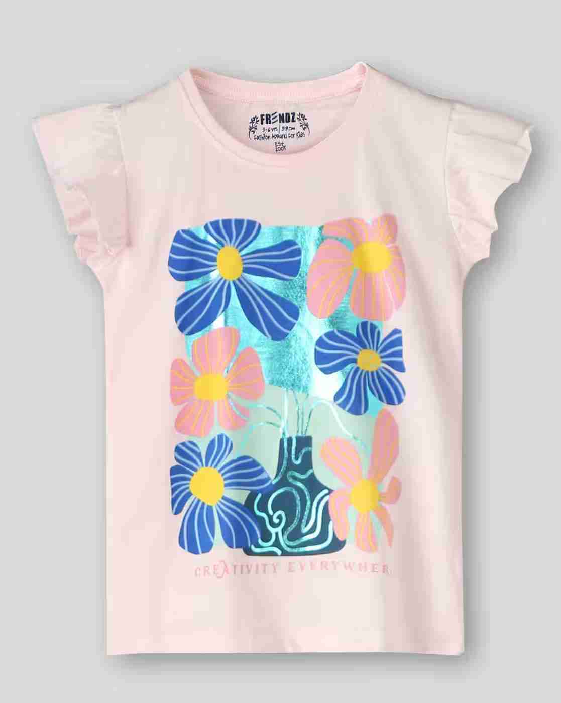 KG FRENDZ | Girls Floral Print Regular Fit Crew-Neck T-Shirt|0