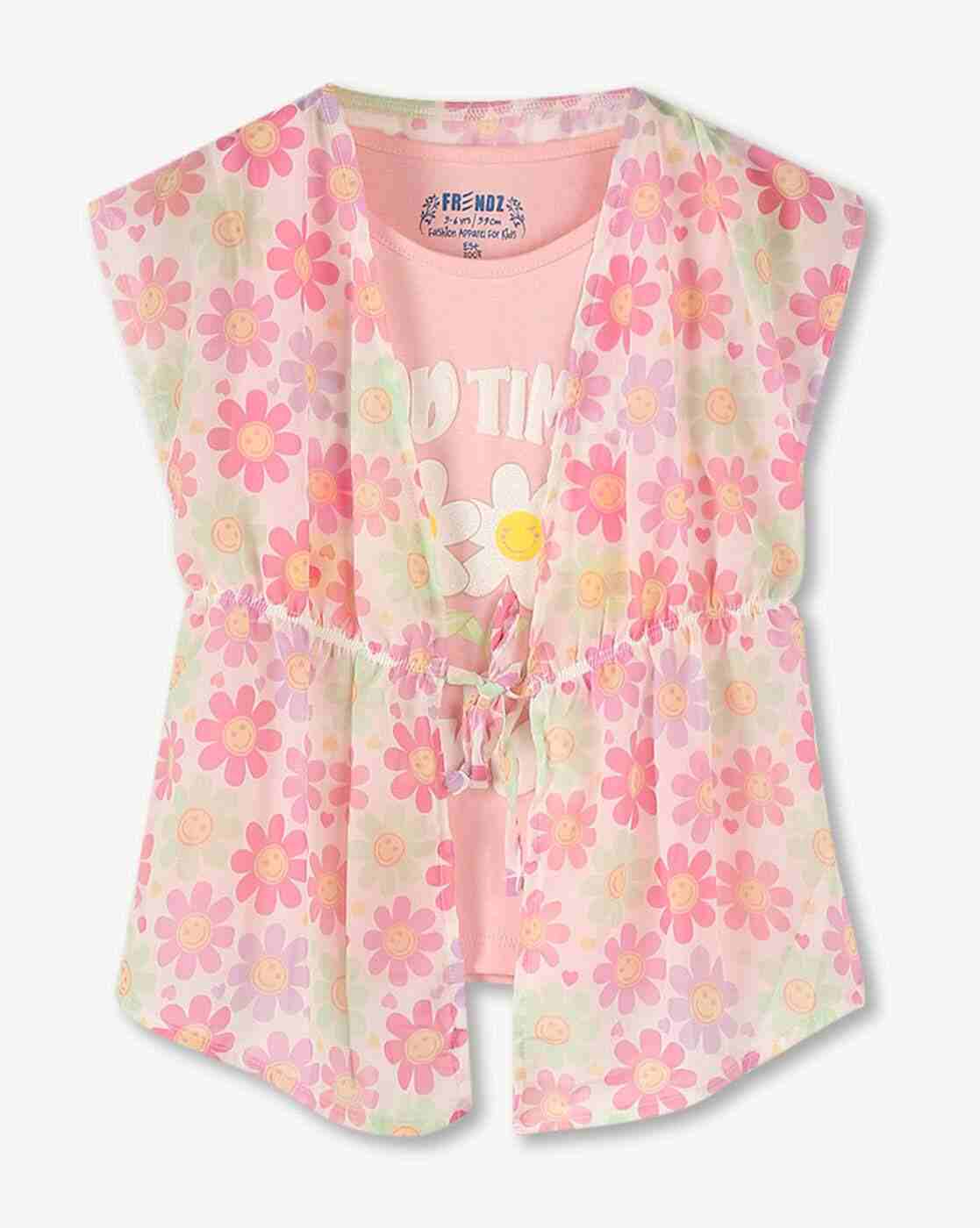 KG FRENDZ | Girls Floral Print Slim Fit Twofer T-Shirt|0