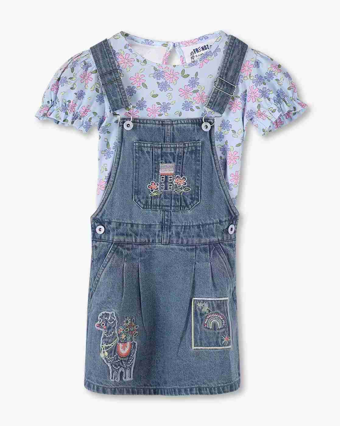 KG FRENDZ | Girls Floral Print T-Shirt & Dungarees Set|0