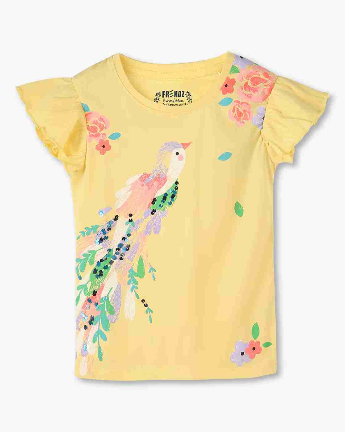 KG FRENDZ | Girls Floral Print Slim Fit Round-Neck T-Shirt|0