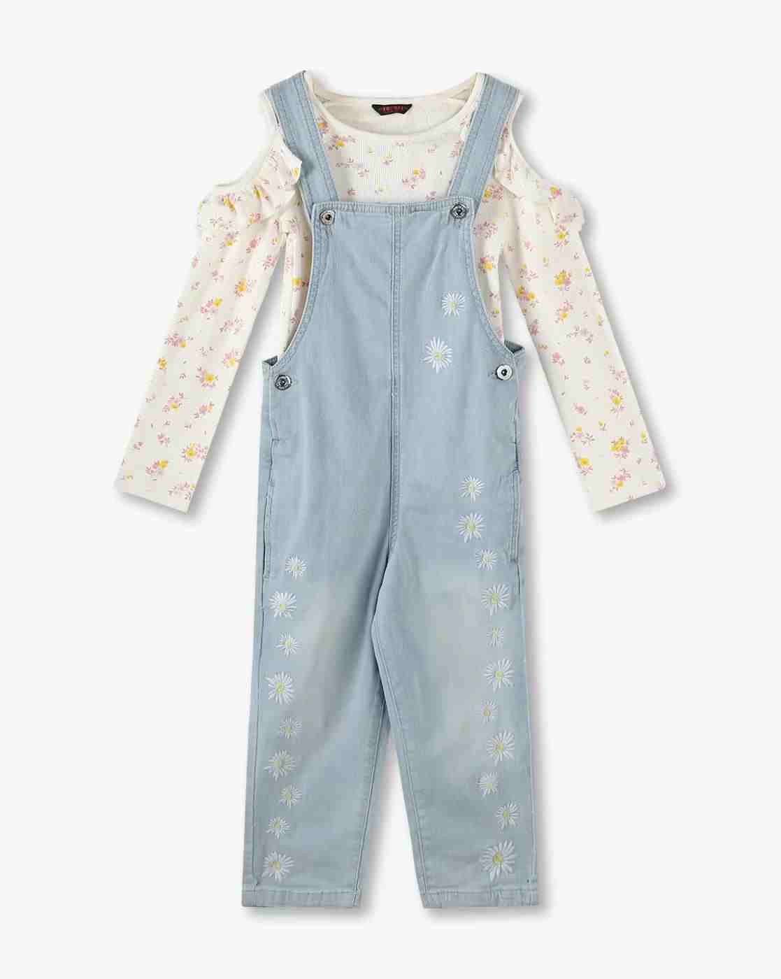 KG FRENDZ | Girls Regular Fit Embroidered Dungaree with T-Shirt|0