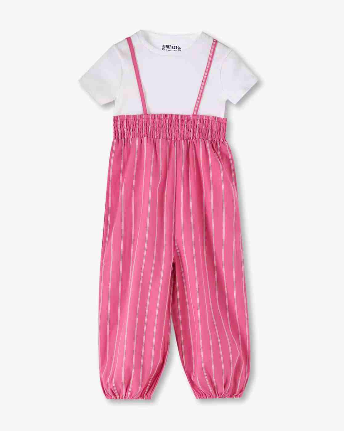 KG FRENDZ | Girls Striped Dungaree & T-Shirt Set|0