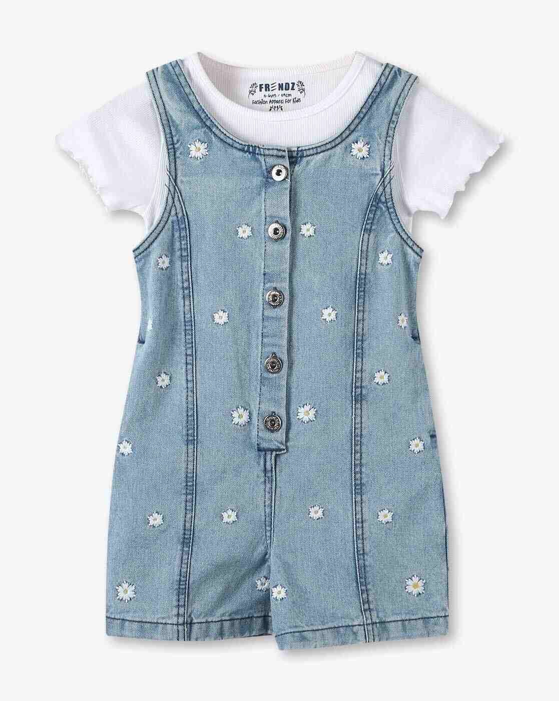 KG FRENDZ | Girls Front Panneled Regular Fit Dungaree with T-Shirt Set|0