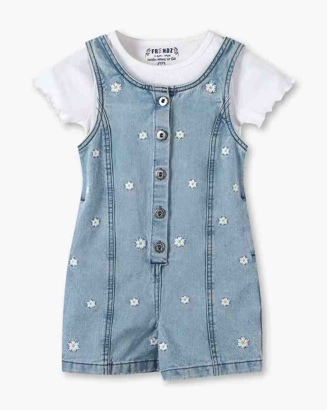 Girls Front Panneled Regular Fit Dungaree with T-Shirt Set