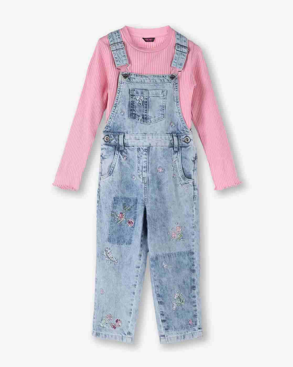 Girls Embroidered Cotton Dungaree with T-Shirt