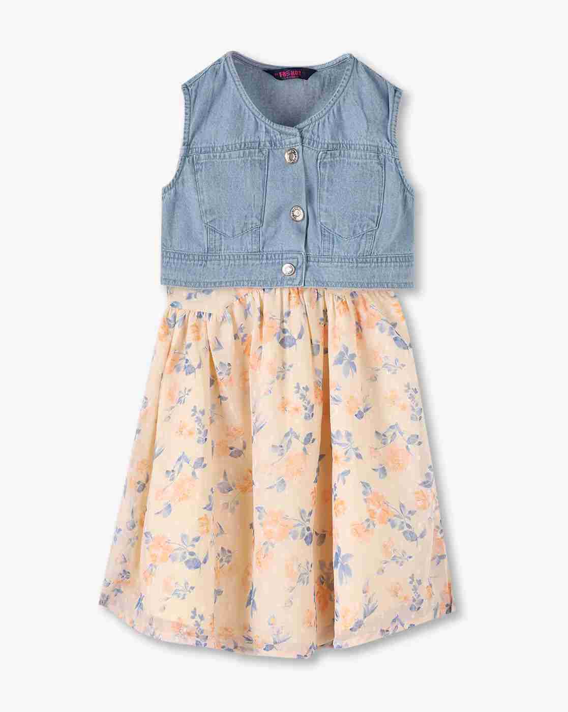 KG FRENDZ | Girls Floral Print Dress with Denim Jacket|0
