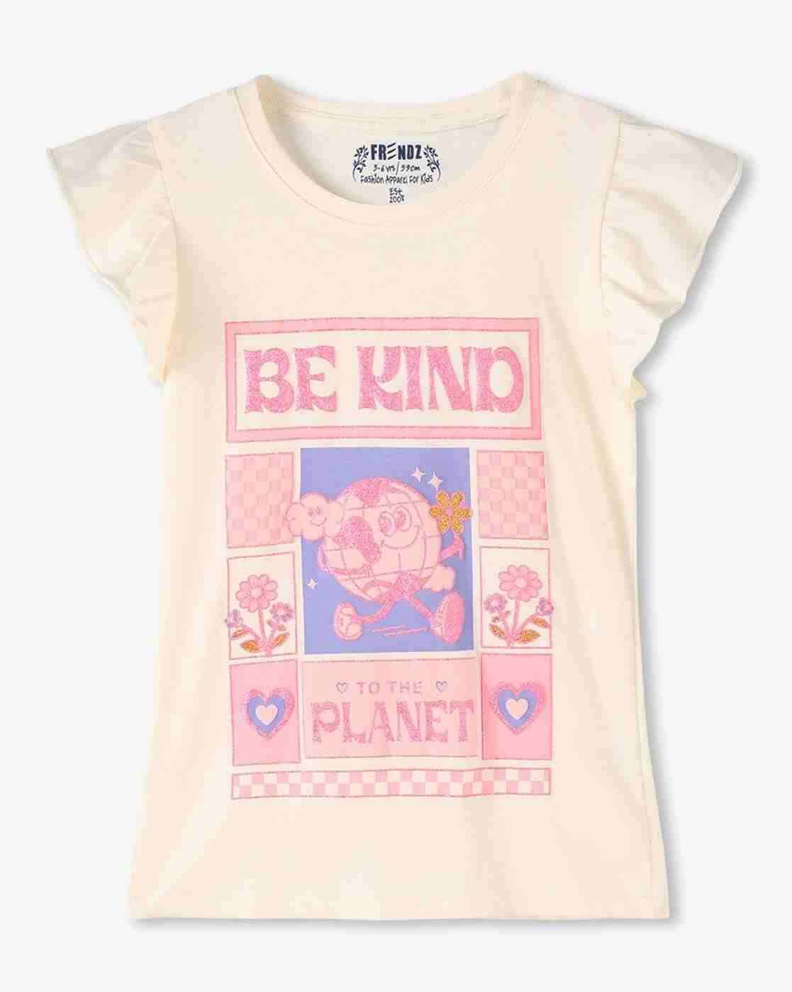 KG FRENDZ | Girls Graphic Print Slim Fit Round-Neck T-Shirt with Flutter Sleeves|0