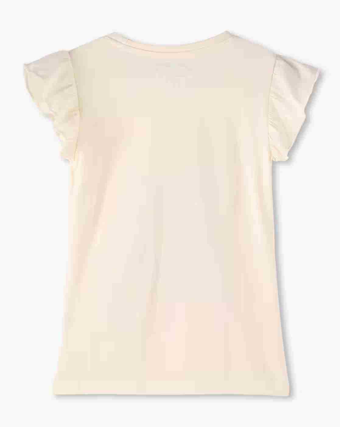 KG FRENDZ | Girls Graphic Print Slim Fit Round-Neck T-Shirt with Flutter Sleeves|1
