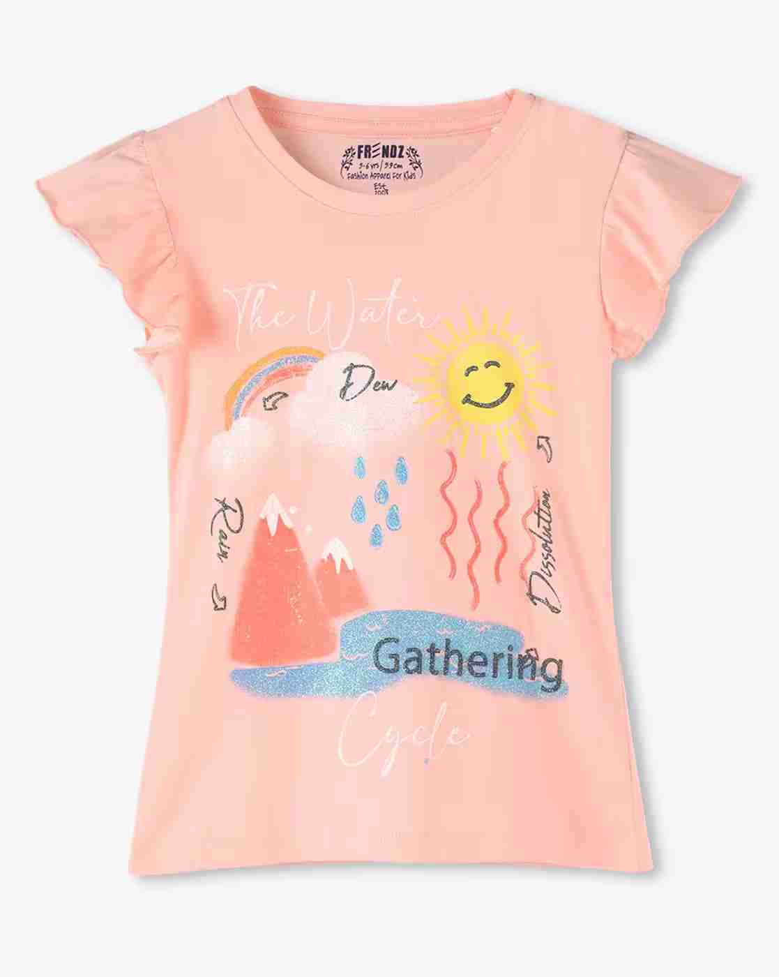 KG FRENDZ | Girls Graphic Print Slim Fit Round-Neck T-Shirt with Flutter Sleeves|0