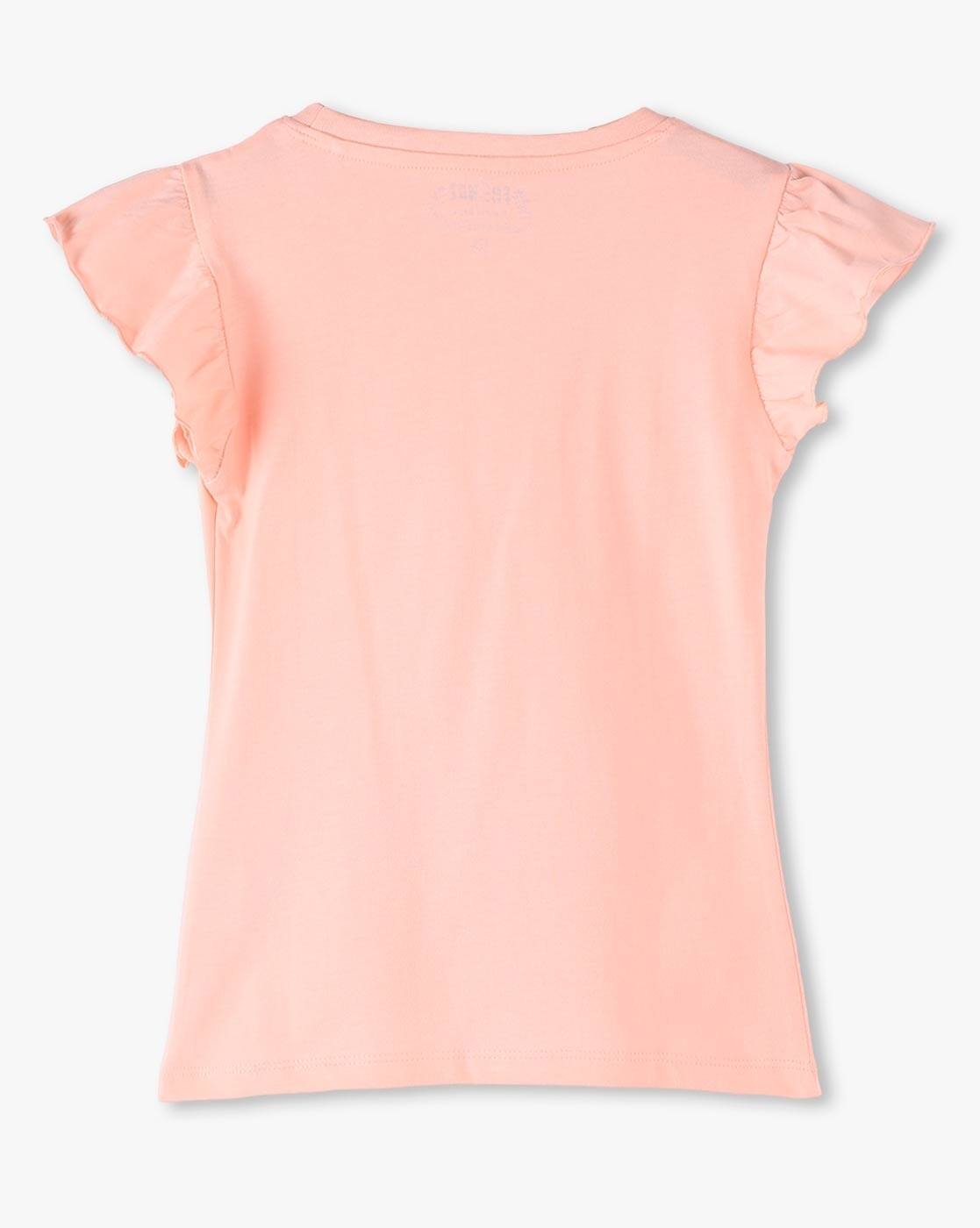 KG FRENDZ | Girls Graphic Print Slim Fit Round-Neck T-Shirt with Flutter Sleeves|1