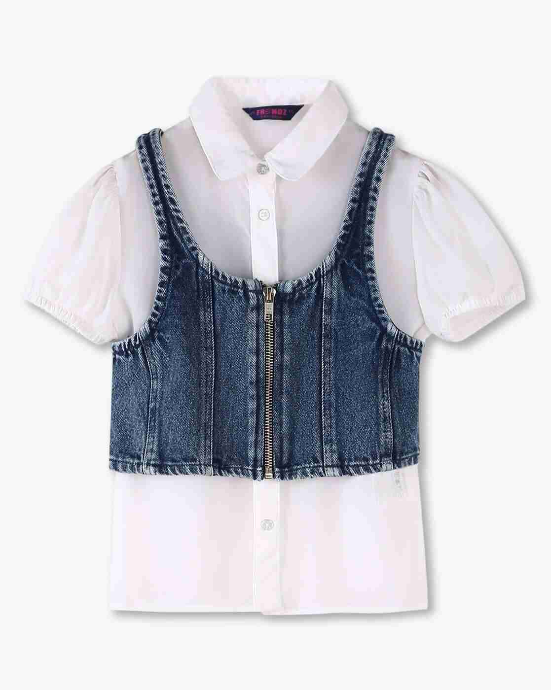 KG FRENDZ | Girls Twofer Regular Fit Top with Washed Denim Vest|0