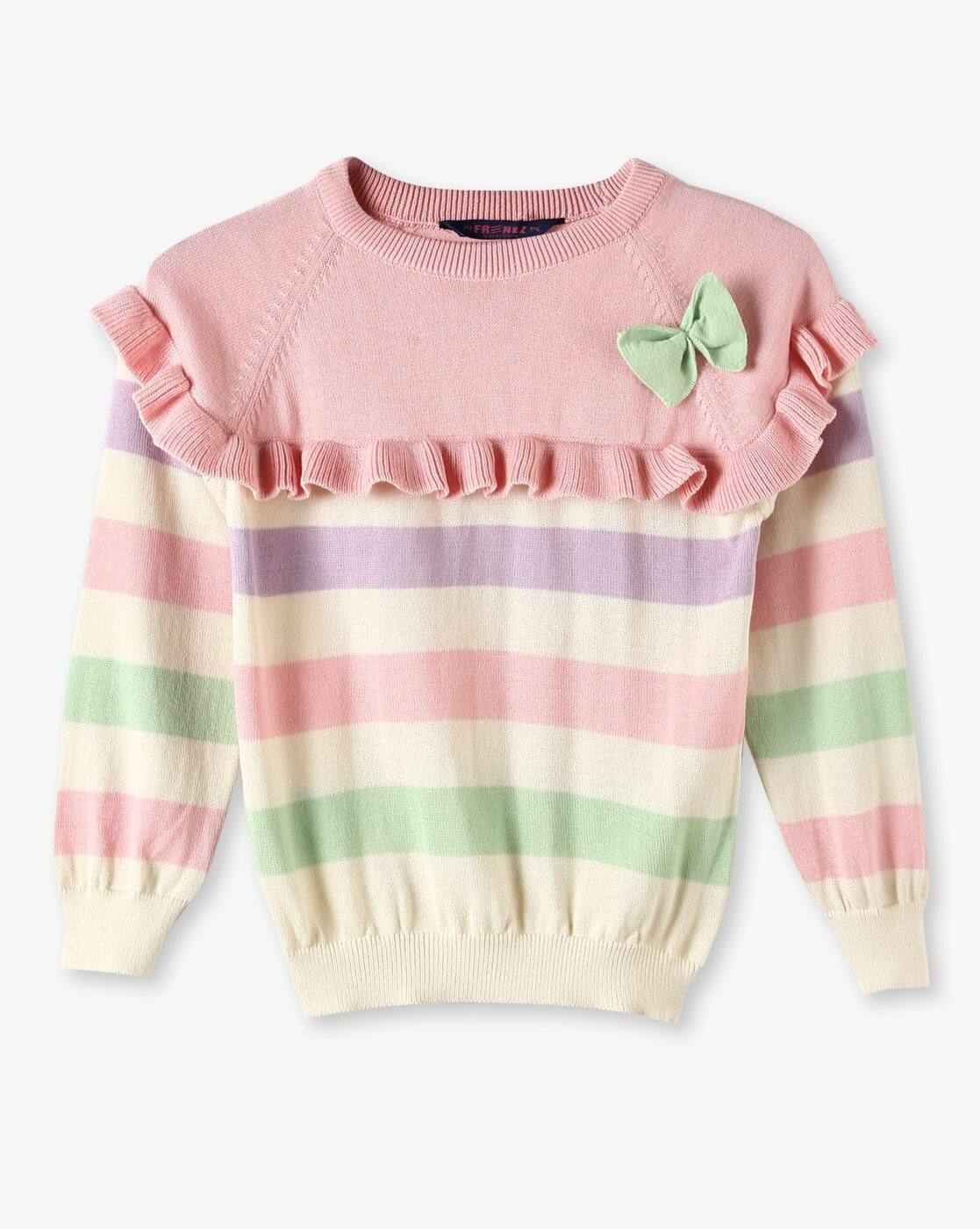 KG FRENDZ | Girls Striped Round-Neck Sweater|0