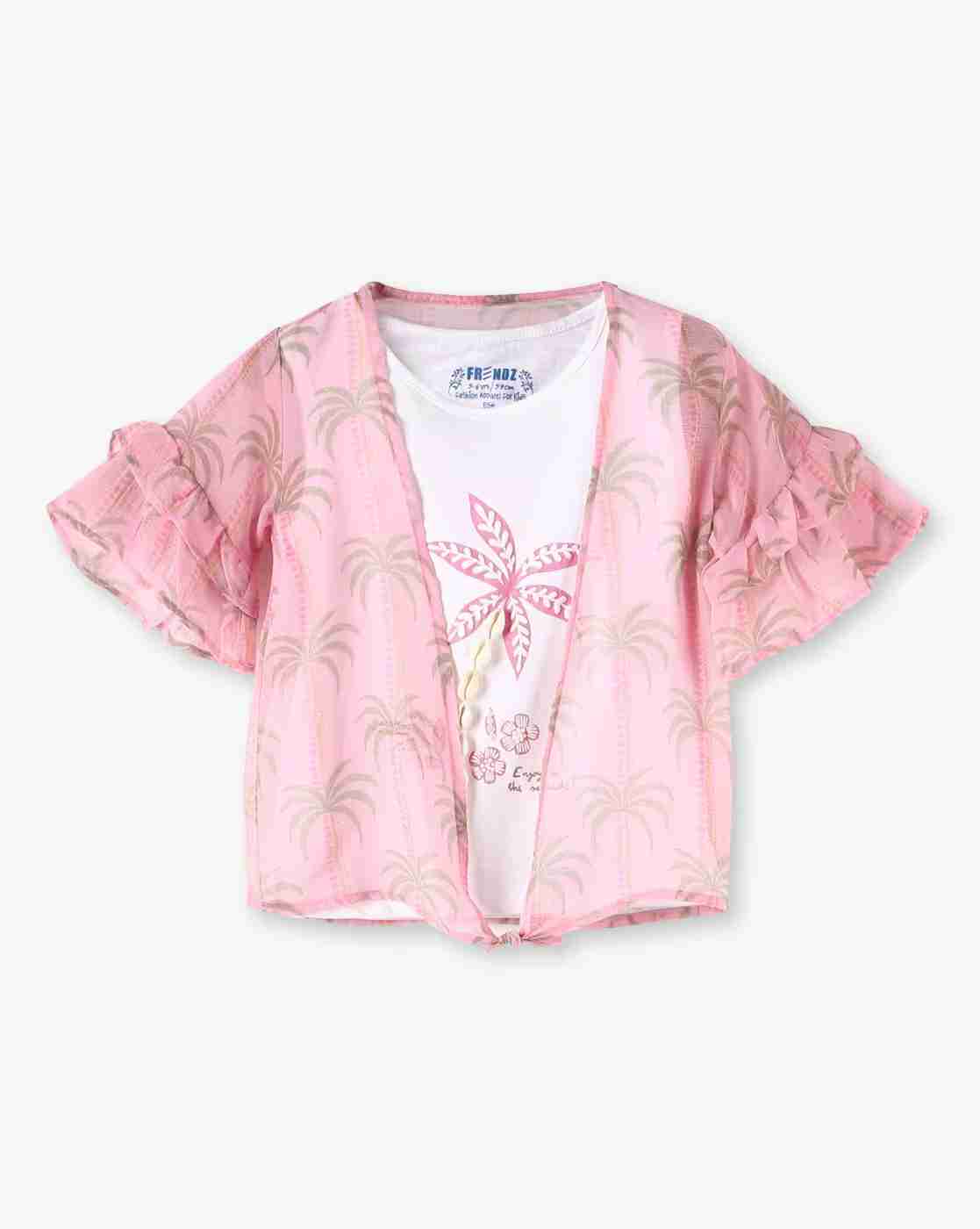 KG FRENDZ | Girls Palm Print Regular Fit Twofer Round-Neck T-Shirt|0