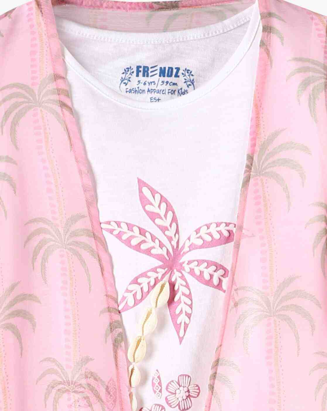 KG FRENDZ | Girls Palm Print Regular Fit Twofer Round-Neck T-Shirt|2