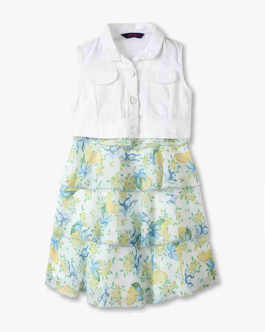 Girls Floral Print Cotton A-Line Dress with Jacket Set