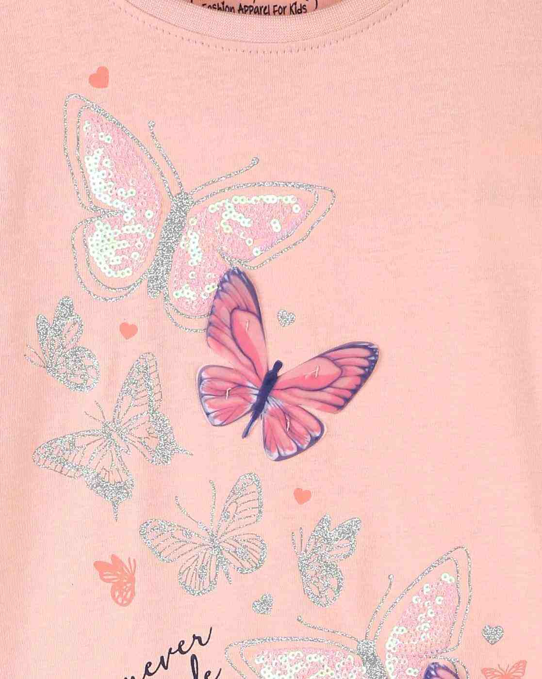 KG FRENDZ | Girls Butterfly Print Regular Fit Round-Neck T-Shirt|2