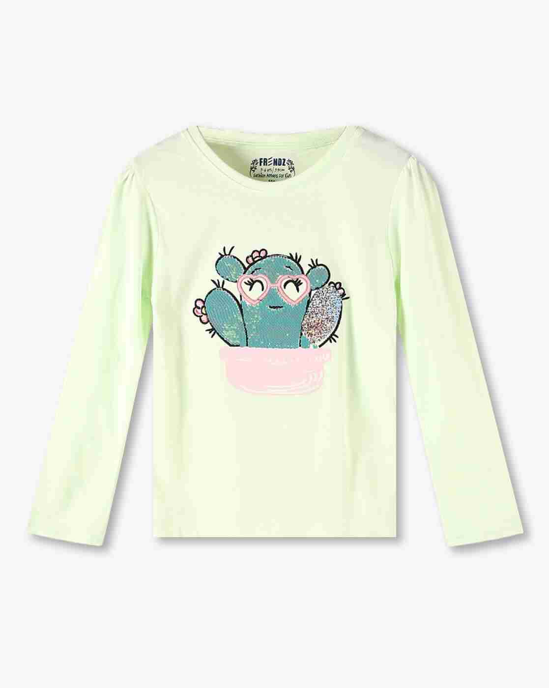 KG FRENDZ | Girls Cactus Embellished Regular Fit Round-Neck T-Shirt|0