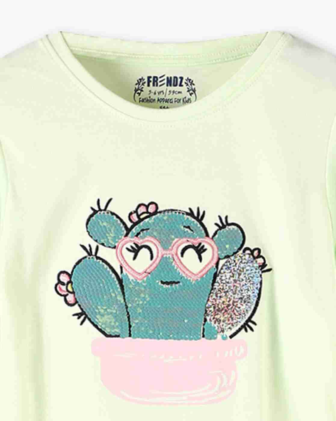 KG FRENDZ | Girls Cactus Embellished Regular Fit Round-Neck T-Shirt|2