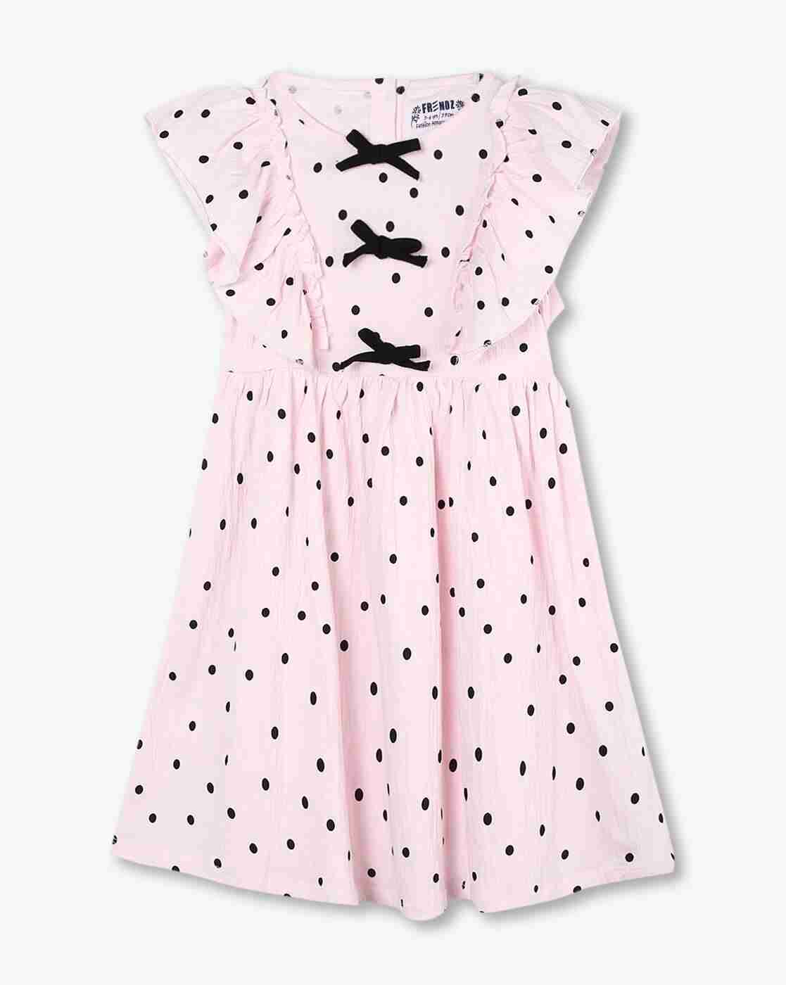 KG FRENDZ | Girls Polka-Dot Print Crinkled Fit & Flare Dress|0