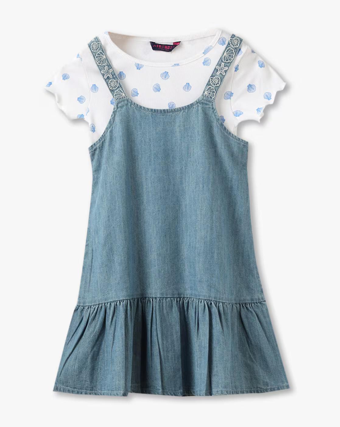 KG FRENDZ | Girls Washed Pinafore Dress with T-Shirt|0