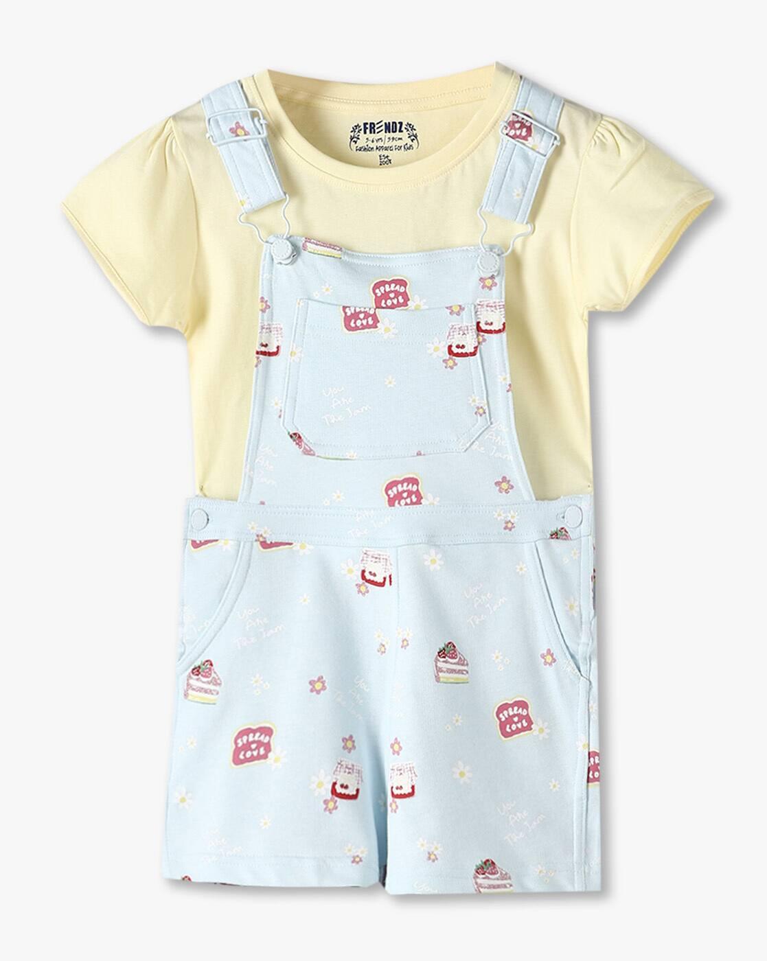 KG FRENDZ | Girls Printed Dungaree with T-Shirt|0