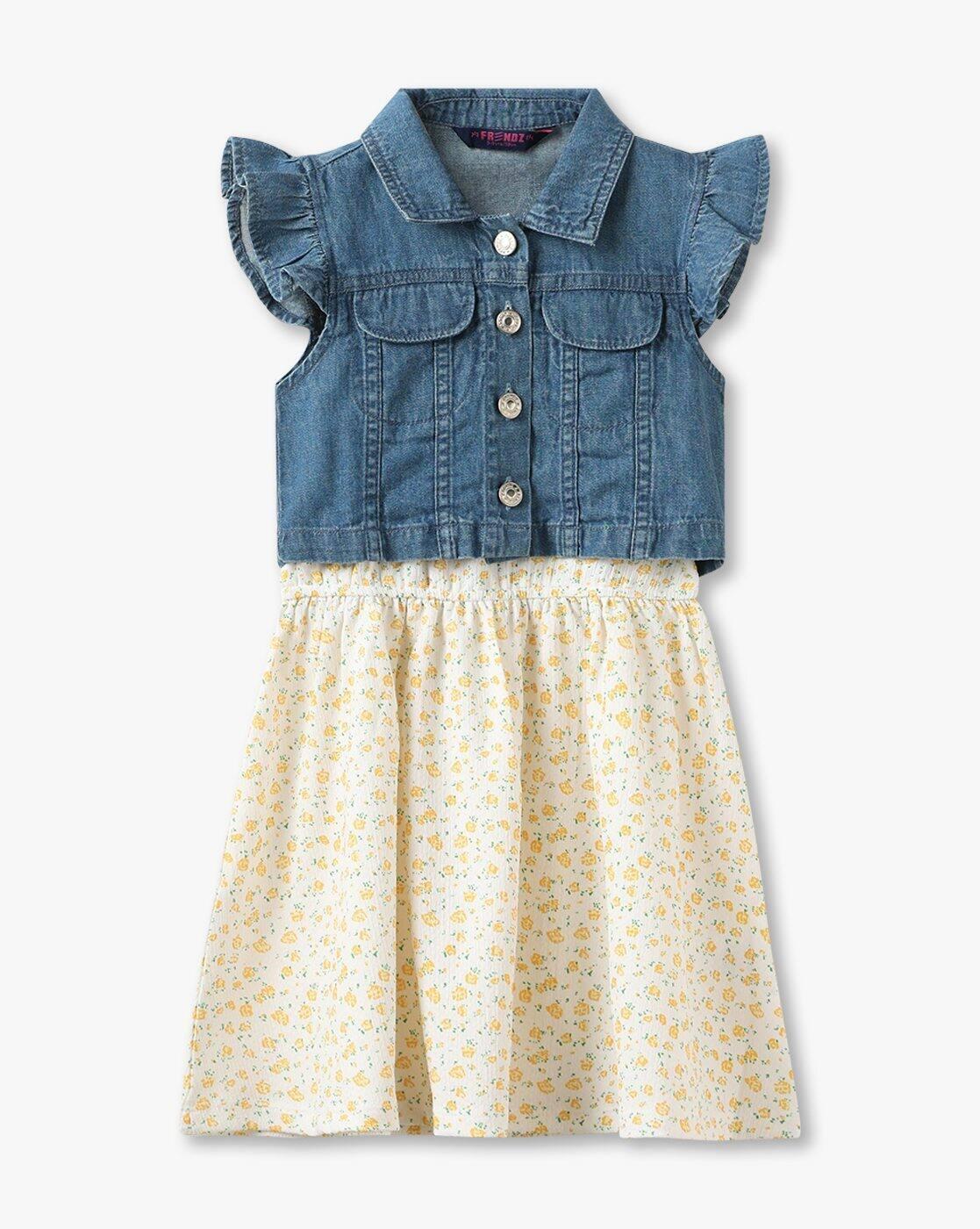 KG FRENDZ | Girls Ditsy Print Fit & Flare Dress with Denim Shrug|0