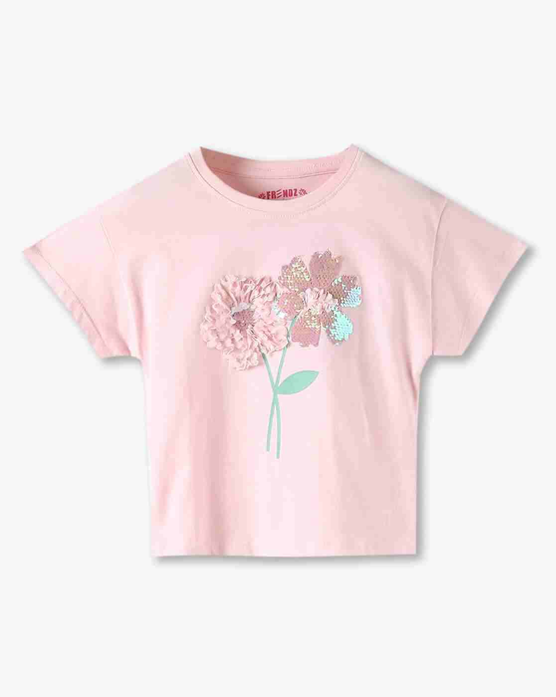 KG FRENDZ | Girls Sequins Ruchinng Floral Regular Fit Round-Neck T-Shirt|0