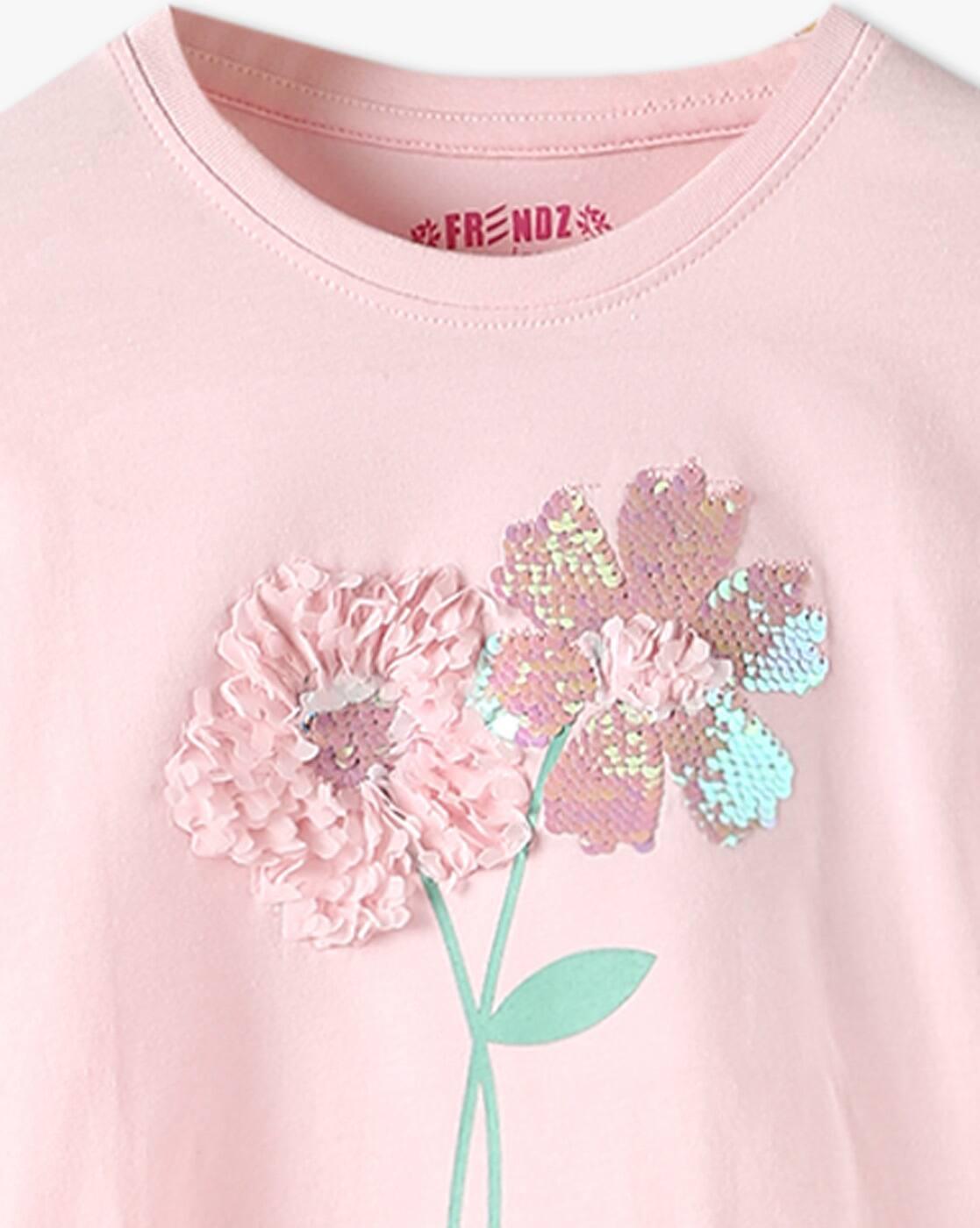 KG FRENDZ | Girls Sequins Ruchinng Floral Regular Fit Round-Neck T-Shirt|2