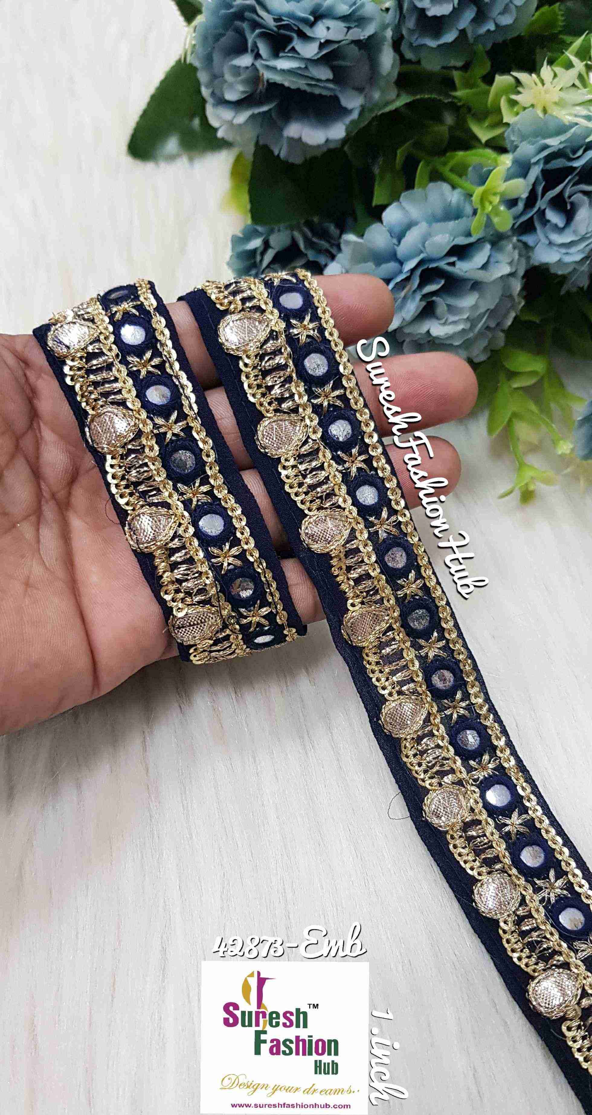 Navy Blue Mesh Mosaic Embroidery Designer Trim