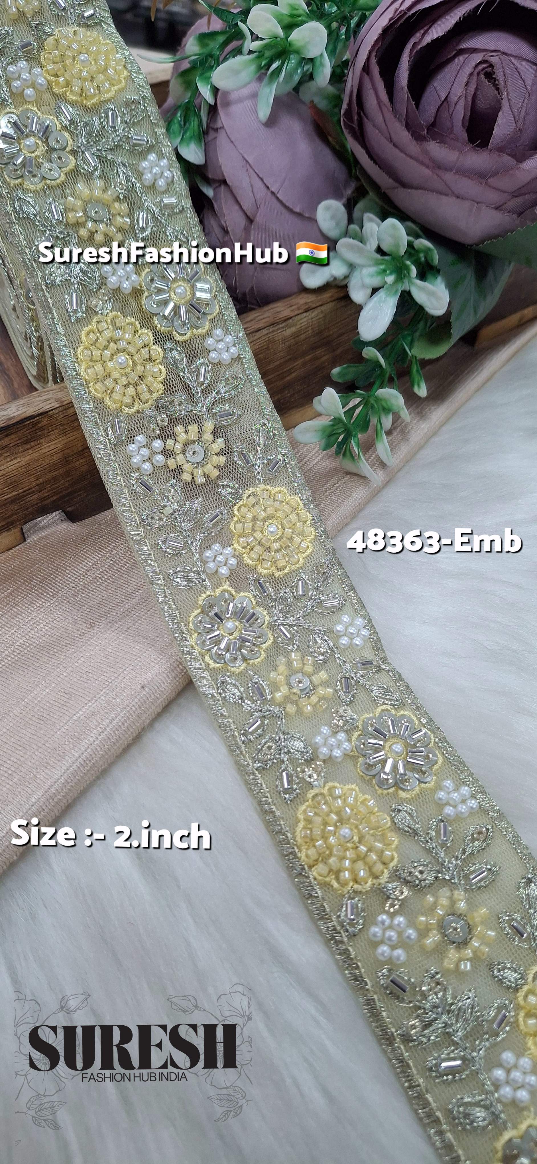Yellow Beaded Floral Net Embroidered Lace